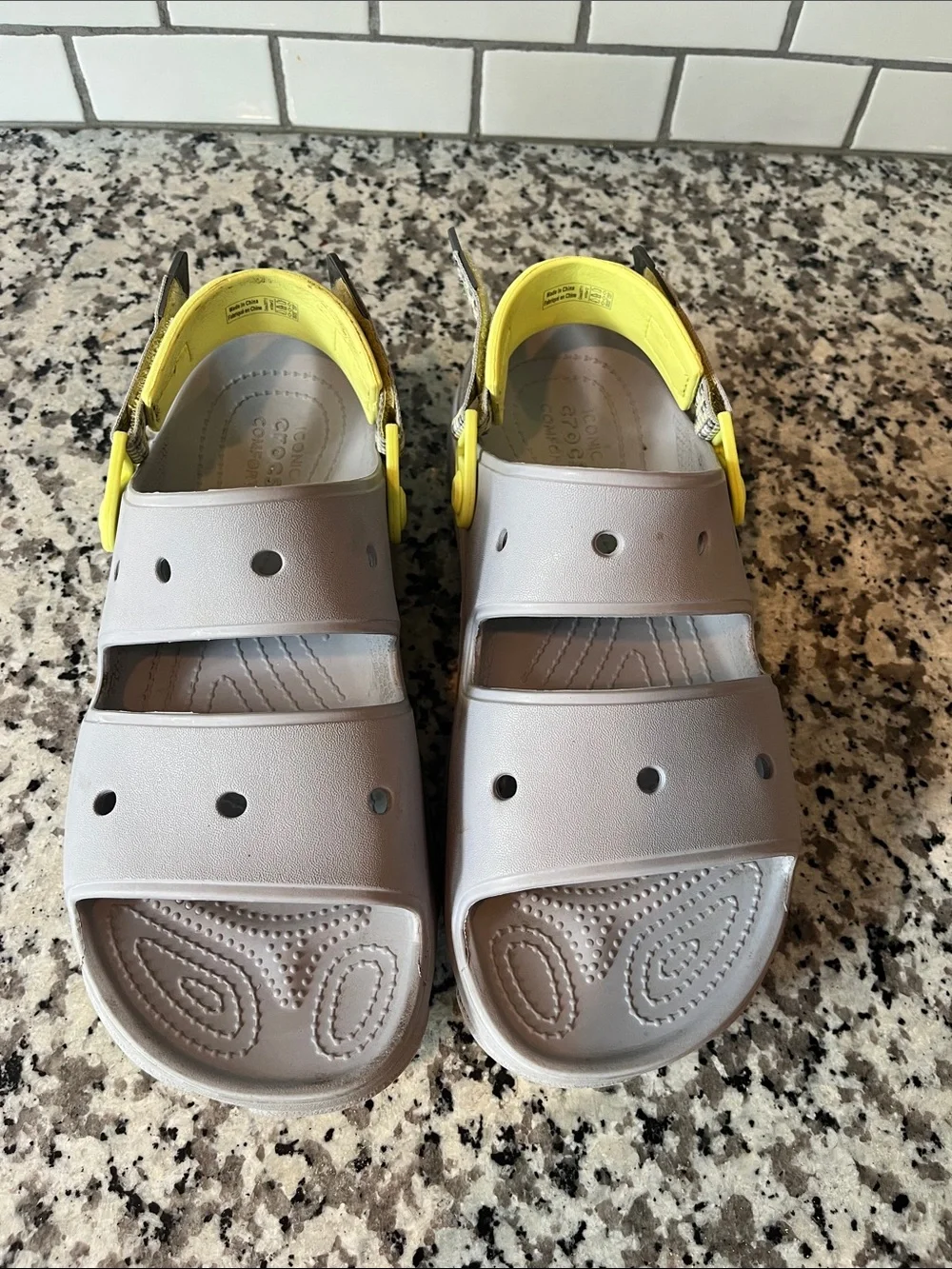 CROCS mens Gray Sport Sandals with Neon Yellow Heel Strap